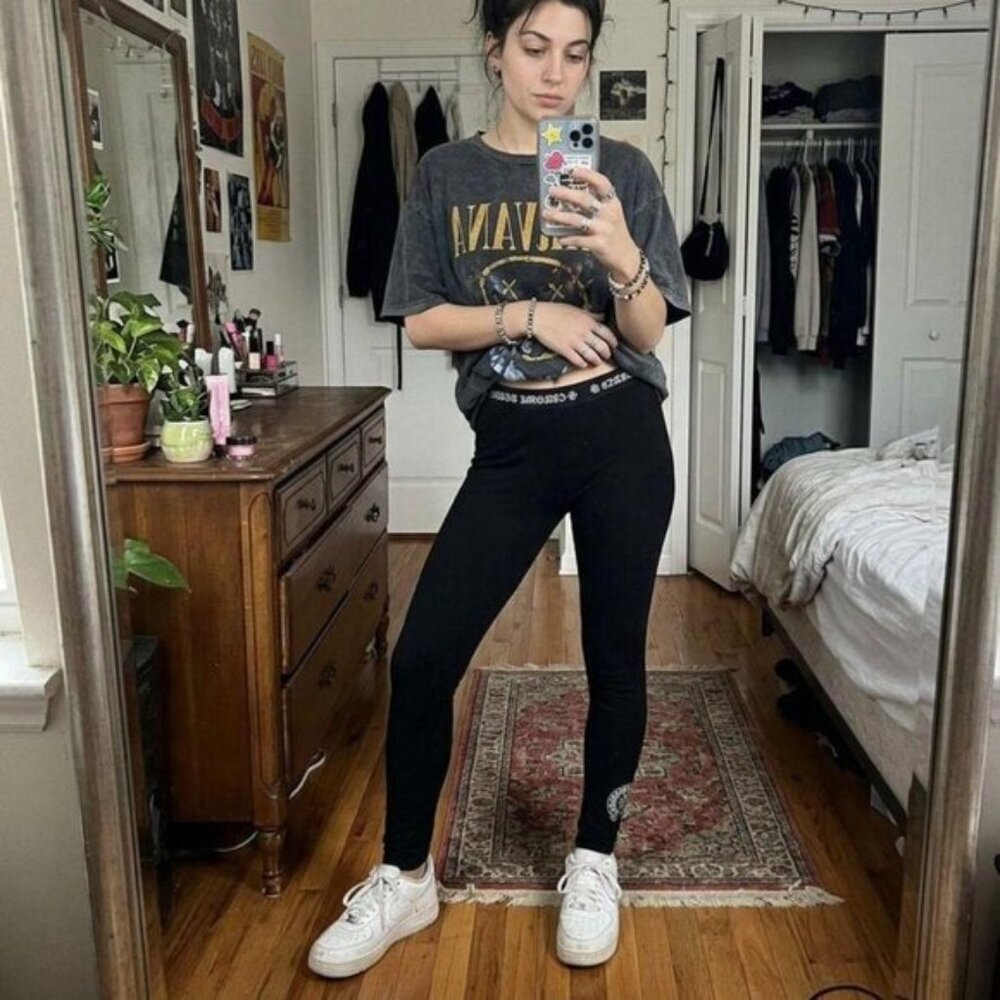 Women's Black Leggings Logo High Rise Waist Whimsigoth Punk Grunge Athleisure M